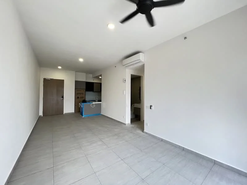Living features: light grey painted walls, tile flooring, 5-blade ceiling fan, wall-mounted split AC, doorway leading to bedroom, open layout to kitchen, recessed downlights, large window for natural light; style: modern. Kitchen features: kitchen cabinetry, countertop, open layout, appliances visible in background; style: modern.