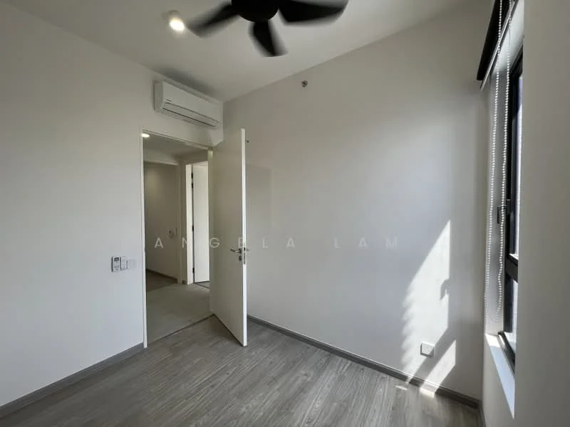 Room features: light grey laminate flooring, white painted walls, ceiling fan, wall-mounted split AC, large window with black frame, door leading to another room, natural light from window; style: modern.