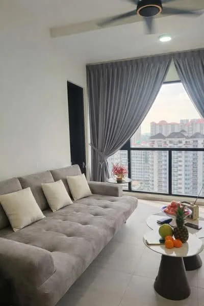 Living features: 3-seater fabric sofa in grey, coffee table, floor-to-ceiling windows, curtains in grey, decorative plants, fruit bowl with assorted fruits, light fixture, tile flooring; style: modern; view: city.