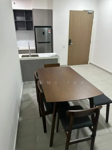 Dining features: wooden dining table, 4 dining chairs, light grey tiled flooring, white painted walls, kitchen island with sink, stainless-steel fridge, open shelving above kitchen area, modern cabinetry; style: modern.