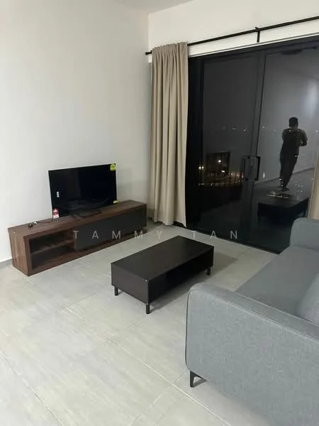 Living features: grey fabric sofa, wooden coffee table, TV console, wall-mounted TV, floor-to-ceiling windows, curtains, light-colored tile flooring, decorative wall; style: modern; view: city.