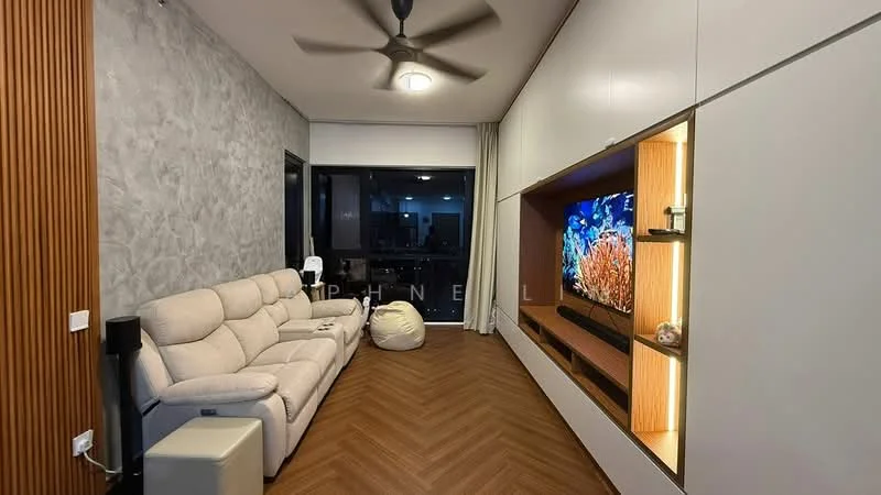 Living features: 3-seater fabric sofa in light beige, ceiling fan, wall-mounted TV, built-in entertainment unit with lighting, wood panel accent wall, grey textured wall, laminate flooring in herringbone pattern, bean bag chair, large window with sheer curtains; style: modern; view: city.