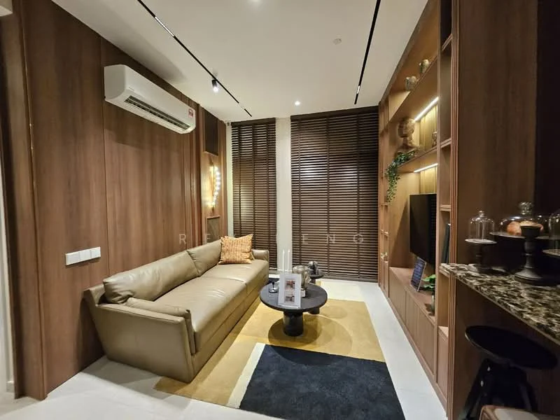 Living features: 3-seater leather sofa in beige, coffee table, wall-mounted TV, built-in shelving unit with decorative items, granite countertop, wood paneling on walls, recessed downlights, 1 wall-mounted split AC, black area rug, yellow and black accent rug, blinds on windows; style: modern.