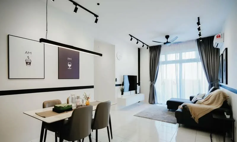 Living features: white painted walls, polished tile flooring, 5-blade ceiling fan with light, floor-to-ceiling windows, sheer curtains, sofa in grey, coffee table, wall-mounted TV, TV console in white, decorative wall art, area rug with neutral color, air conditioning unit; style: modern. Dining features: 6-seater dining table, upholstered dining chairs, decorative centerpiece, table setting with glasses and utensils; style: modern.