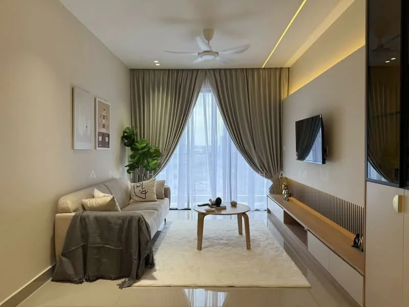 Living features: beige fabric sofa, area rug with geometric pattern, wooden TV console, wall-mounted TV, 5-blade ceiling fan with light, floor-to-ceiling windows, sheer curtains, decorative houseplant, wall paneling, recessed LED lighting, neutral painted walls, light-colored flooring; style: modern; view: city.