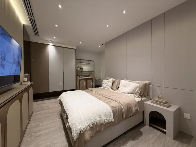 Bedroom features: king-size bed with beige bedding, upholstered headboard, wall-mounted TV, built-in wardrobe with sliding doors, wooden flooring, recessed downlights, decorative bedside table, neutral wall colour with paneling, soft throw blanket, decorative accessories on bedside table; style: modern.
