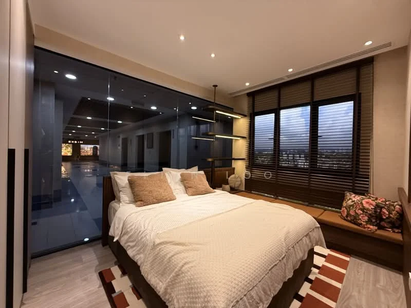 Bedroom features: king-size bed with white bedding, upholstered headboard, wooden bed frame, floor-to-ceiling windows, roller blinds, wooden flooring, built-in shelving unit, decorative cushions, area rug with geometric pattern, window seat with cushions; style: modern; view: city.