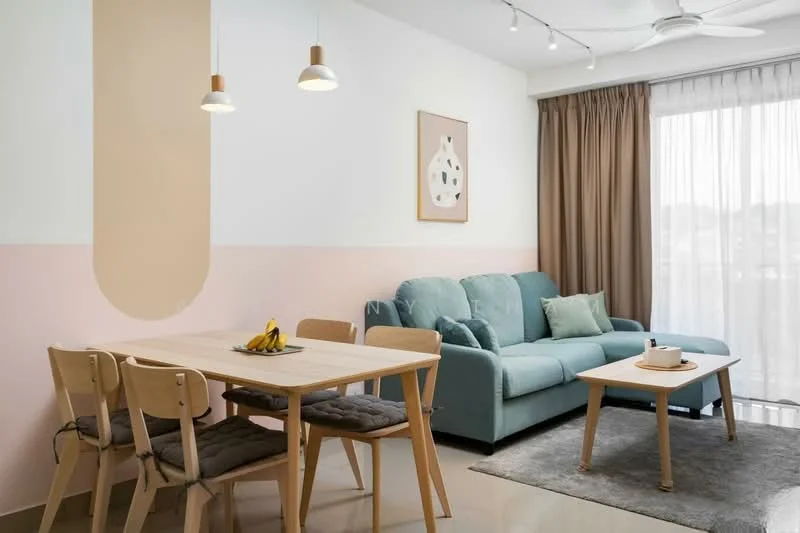 Living features: light grey fabric sofa, wood coffee table, 4-seater dining table with wooden chairs, pendant lighting, recessed ceiling lights, floor-to-ceiling windows with sheer curtains, light brown curtains, cream painted walls with pink and beige accents, area rug, decorative wall art; style: modern.