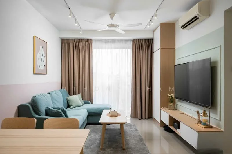 Living features: 3-seater fabric sofa in teal, decorative cushions, coffee table, wall-mounted TV, TV console with storage, area rug, floor-to-ceiling windows, sheer curtains, ceiling fan with light, recessed downlights, wooden cabinetry, light grey wall, pink accent wall, green accent wall; style: modern; view: city.