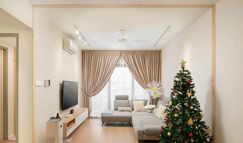 Living features: light wood flooring, white painted walls, 5-blade ceiling fan with light, floor-to-ceiling windows, sheer curtains, grey sectional sofa, white TV console, wall-mounted TV, decorative Christmas tree, recessed LED downlights; style: modern.