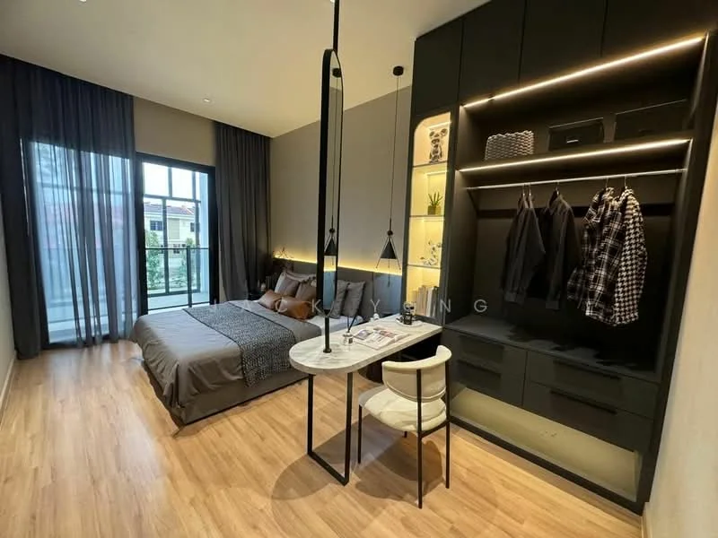 Bedroom features: queen-size bed with grey bedding, wooden flooring, floor-to-ceiling windows with sheer curtains, black wall-mounted shelving unit, hanging pendant light, small round dining table, two white chairs, decorative plants on shelves, built-in wardrobe, neutral wall color; style: modern; view: garden.
