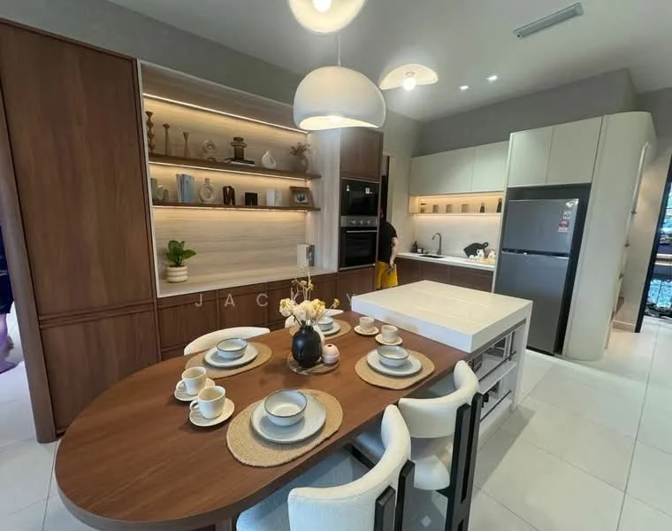 Kitchen features: wood cabinetry, white countertops, stainless-steel fridge, built-in oven, 4-burner gas hob, single-bowl stainless-steel sink, chrome pull-down faucet, pendant lighting, dining table with 6 chairs, decorative vase with flowers, ceramic dinnerware, woven placemats, open shelving with decorative items; style: modern.