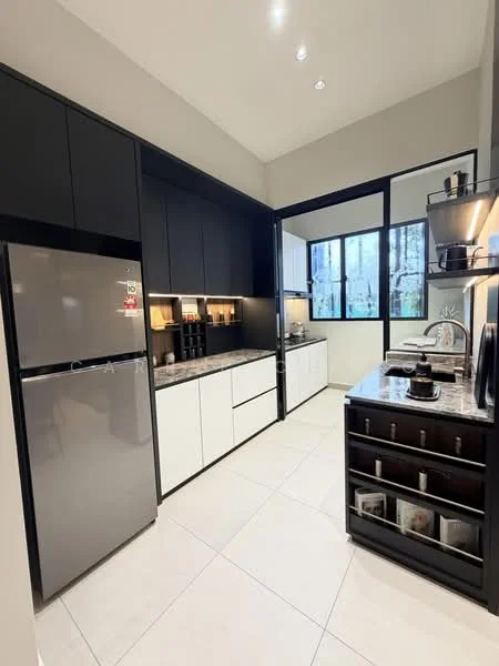 Kitchen features: stainless-steel fridge, white cabinetry, black cabinetry, granite countertop, tile backsplash, built-in oven, microwave, sink with faucet, open shelving, under-cabinet lighting, floor-to-ceiling windows, tile flooring, recessed downlights; style: modern; view: garden.