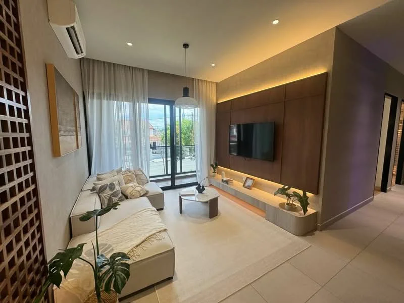 Living features: 3-seater fabric sofa in beige, coffee table, wall-mounted TV, TV console with wooden finish, area rug, floor-to-ceiling windows, sheer curtains, recessed LED downlights, pendant light, decorative plants, wood panel accent wall, light-colored walls, tile flooring; style: modern; view: city.