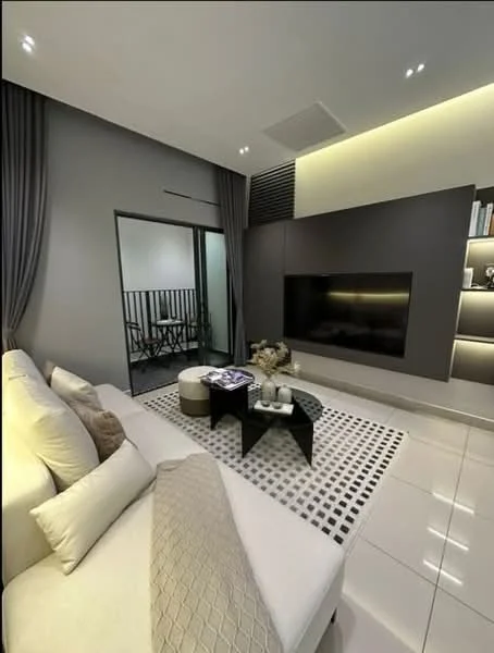 Living features: L-shape sectional sofa in cream, decorative cushions, coffee table with black finish, area rug with geometric pattern, wall-mounted TV, built-in shelving unit with lighting, floor-to-ceiling curtains in grey, recessed LED downlights, glossy tile flooring, sliding glass door leading to balcony, decorative vase on coffee table; style: modern; view: courtyard.