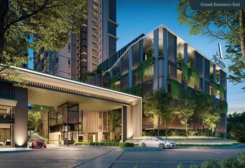 Exterior type: high-rise condominium; features: modern facade with vertical fins, glass curtain wall, manicured landscaping with trees, driveway with interlocking pavers, double-volume main lobby, porte cochère drop-off, feature lighting at night, surrounded by mature greenery; style: modern.