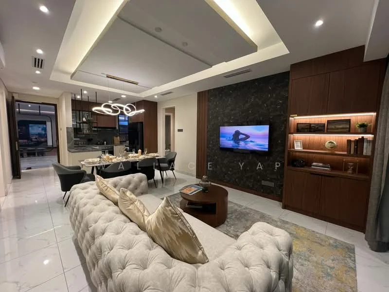 Living features: cream tufted sofa, decorative cushions, coffee table, area rug with geometric pattern, wall-mounted TV, feature wall with stone cladding, built-in shelving with decorative items, recessed downlights, tray ceiling with LED lighting, dining area with 6-seater table, open-plan layout to kitchen, large windows with city view; style: modern; view: city. Kitchen features: black cabinetry, stainless-steel appliances, kitchen island, pendant lighting, open shelving, ceramic tile backsplash; style: modern.