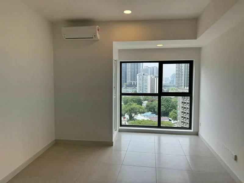 Room features: white painted walls, tile flooring, floor-to-ceiling windows, city view, 1 wall-mounted split AC, recessed downlights; style: modern; view: city.