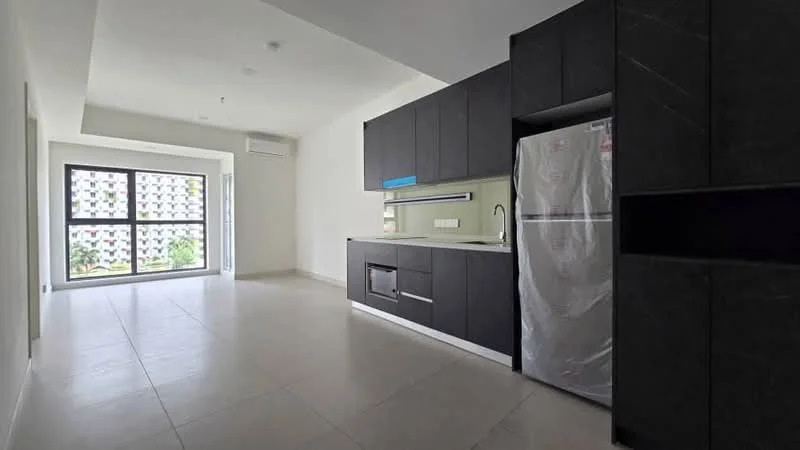 Kitchen features: black cabinetry, stainless-steel fridge, built-in oven, ceramic tile flooring, white walls, single-bowl stainless-steel sink, chrome pull-down faucet, countertop with backsplash, open layout, floor-to-ceiling windows, air conditioning unit; style: modern; view: garden.