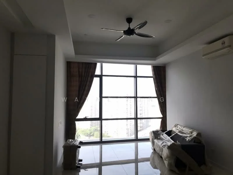 Living features: 5-blade ceiling fan, floor-to-ceiling windows, sheer curtains, white painted walls, polished tile flooring, sofa, coffee table, air conditioning unit; style: modern; view: city.