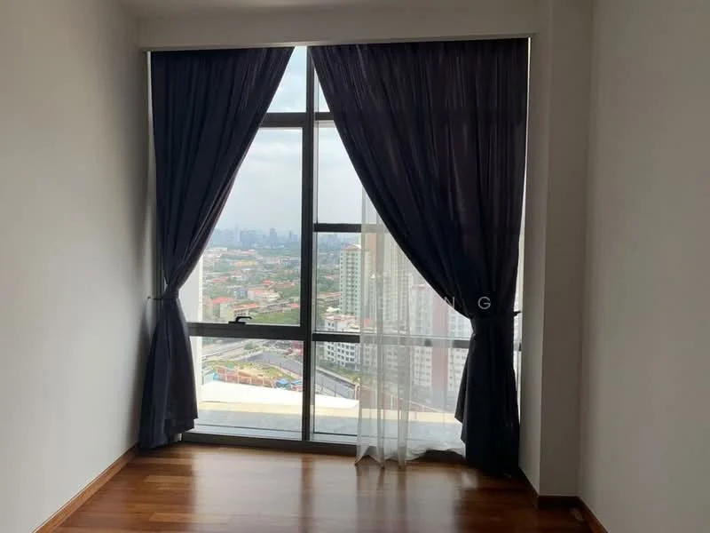 Room features: floor-to-ceiling windows, dark curtains, sheer curtains, wooden flooring, city view; style: modern; view: city.