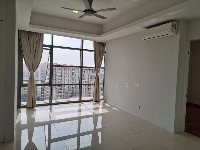 Living features: floor-to-ceiling windows, white painted walls, tray ceiling, 5-blade ceiling fan with light, wall-mounted split AC, ceramic tile flooring, sheer curtains, city view; style: modern; view: city.