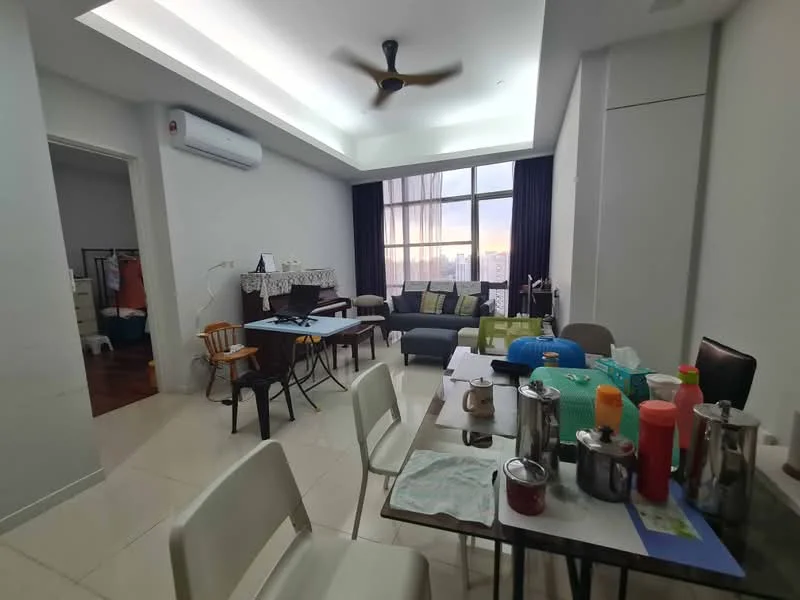 Living features: 5-blade ceiling fan with light, floor-to-ceiling windows, grey fabric sofa, wooden coffee table, dining table with chairs, white painted walls, cream tiled flooring, curtains, decorative items on table; style: modern; view: city. Room features: white painted walls, wooden flooring, wardrobe, clothes hanging.