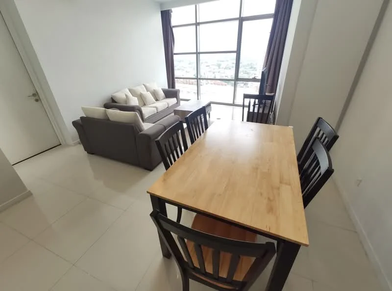 Dining features: wood dining table, 4 black dining chairs, large floor-to-ceiling windows, grey fabric sofa, light-coloured wall, cream tiled flooring, curtains, view of the city; style: modern; view: city.