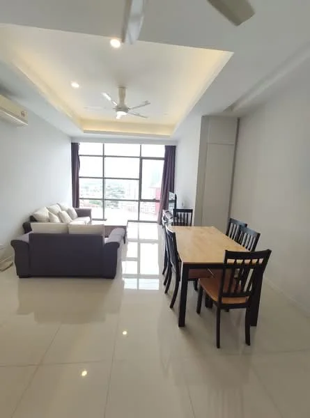 Living features: 3-seater fabric sofa in grey, 2-seater fabric sofa in cream, coffee table, dining table with 6 chairs, floor-to-ceiling windows, white painted walls, glossy ceramic tile flooring, ceiling fan with light, recessed downlights, curtains in dark purple, TV console, wall-mounted TV; style: modern; view: city.