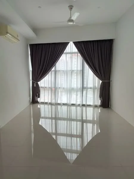 Living features: white painted walls, glossy tile flooring, floor-to-ceiling windows, sheer curtains, dark grey curtains, ceiling fan, air conditioning unit; style: modern.
