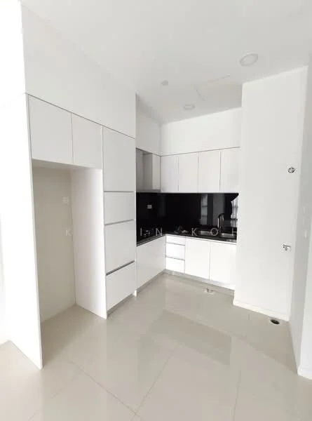 Kitchen features: white cabinetry, black countertop, built-in oven, stainless-steel sink, chrome pull-down faucet, ceramic tile flooring, recessed downlights, open shelving, wall-mounted cabinets; style: modern.