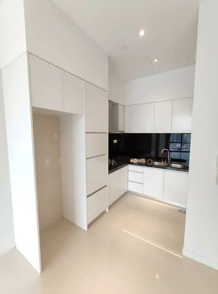 Kitchen features: white cabinetry, black countertop, stainless-steel sink, chrome pull-down faucet, built-in oven, ceramic tile flooring, recessed downlights, open shelving, wall-mounted cabinets, modern design; style: modern.