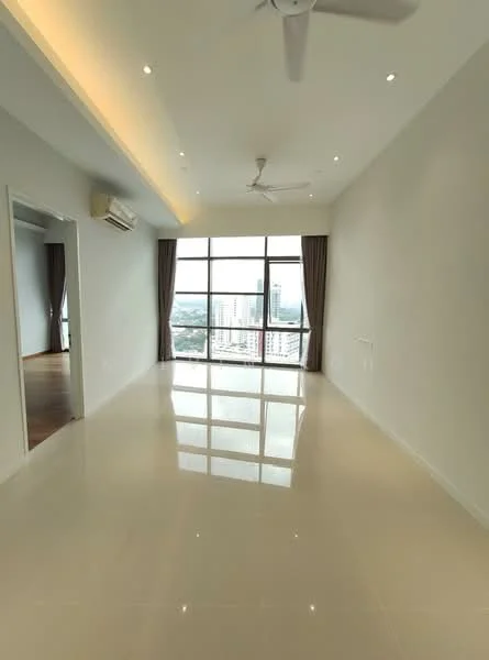 Living features: white painted walls, polished ceramic tile flooring, tray ceiling with recessed lighting, 5-blade ceiling fan with light, floor-to-ceiling windows, sheer curtains, city view, air conditioning unit; style: modern; view: city.
