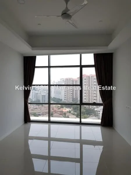 Living features: floor-to-ceiling windows, city view, white painted walls, polished tile flooring, 5-blade ceiling fan, dark brown curtains, recessed downlights; style: modern; view: city.