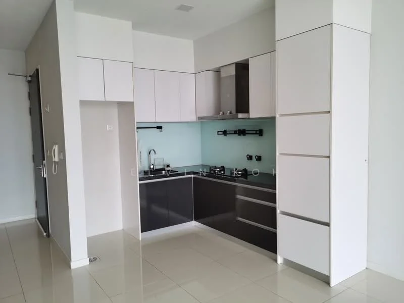 Kitchen features: white upper cabinets, black lower cabinets, glass backsplash, stainless-steel built-in oven, stainless-steel gas hob, stainless-steel range hood, single-bowl stainless-steel sink, chrome pull-down faucet, tile flooring, recessed downlights, open shelving, wall-mounted kitchen accessories; style: modern.