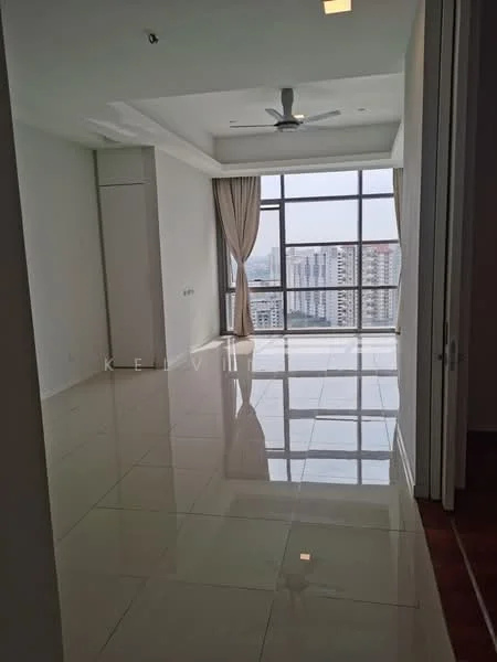 Living features: large floor-to-ceiling windows, white painted walls, glossy tile flooring, 5-blade ceiling fan, curtains, city skyline view, recessed lighting, open layout; style: modern; view: city.