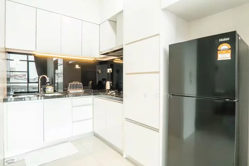 Kitchen features: white cabinetry, black countertop, stainless-steel sink, chrome pull-down faucet, built-in oven, stainless-steel range hood, black fridge, ceramic tile flooring, recessed LED downlights, floor-to-ceiling windows, open shelving, kitchen island; style: modern; view: city.