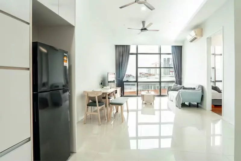 Living features: white painted walls, glossy tile flooring, 5-blade ceiling fan with light, floor-to-ceiling windows, grey curtains, sofa in light blue, coffee table, TV console, wall-mounted TV, dining table with 4 chairs, black refrigerator, air conditioning unit; style: modern; view: city.