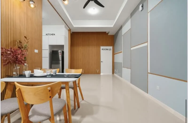 Dining features: dining table with 4 wooden chairs, light grey walls, wood panel accent wall, recessed ceiling with downlights, ceiling fan, polished floor tiles, decorative vase with dried flowers, open layout to kitchen, doorway to adjacent room; style: modern. Kitchen features: stainless-steel fridge, white cabinetry, grey countertop, open layout to dining area; style: modern. Room features: light grey walls, wood panel accent wall, doorway to room 2.