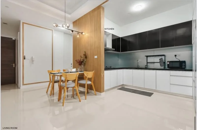 Kitchen features: black upper cabinets, white lower cabinets, stainless-steel sink, chrome pull-down faucet, built-in stove, built-in oven, white countertop, tile backsplash, recessed downlights, dining table with four chairs, floor-to-ceiling windows, cream-colored walls, glossy tile flooring; style: modern.