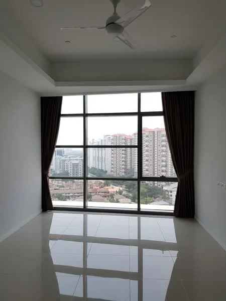 Living features: large floor-to-ceiling windows, white painted walls, tray ceiling, 5-blade ceiling fan, glossy tile flooring, brown curtains, city view; style: modern; view: city.