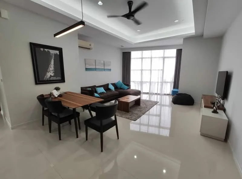 Living features: 3-seater fabric sofa in brown, 2 black dining chairs, wooden dining table, coffee table in wood, area rug in grey, floor-to-ceiling windows with sheer curtains, recessed downlights, 5-blade ceiling fan, wall-mounted TV, TV console in white, decorative wall art, bean bag chair; style: modern; view: city.