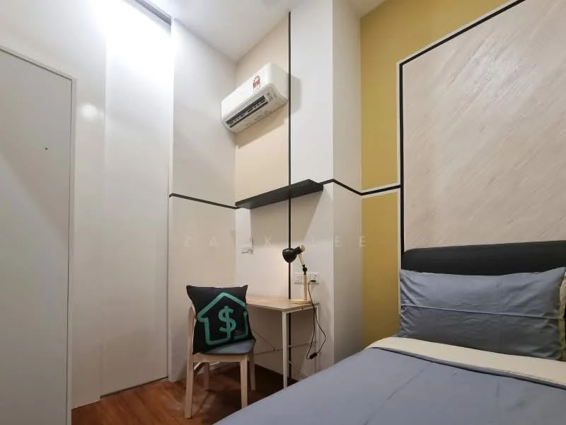 Bedroom features: single bed with grey bedding, wooden flooring, white painted walls, yellow accent wall, wall-mounted air conditioning unit, desk with chair, decorative pillow with dollar sign, built-in shelf, LED lighting, black headboard; style: modern.
