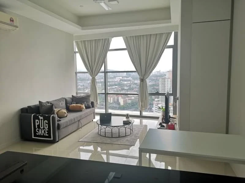 Living features: grey fabric sofa, decorative throw pillows, area rug, coffee table, floor-to-ceiling windows, sheer curtains, city view, wall-mounted air conditioning unit, light-colored walls, glossy tile flooring; style: modern; view: city.