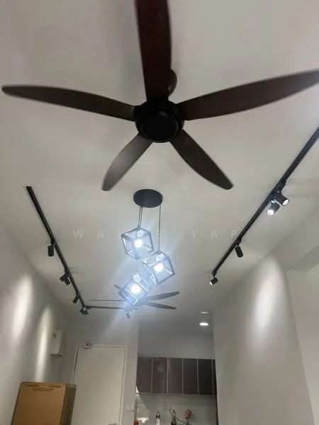 Room features: 5-blade ceiling fan in dark wood, track lighting with multiple spotlights, hanging pendant light with geometric design, white painted walls, light-colored flooring, modern ceiling design; style: modern.