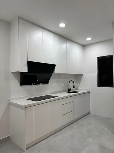 Kitchen features: white cabinetry with flat-panel doors, black built-in cooktop, black wall-mounted range hood, single-bowl stainless-steel sink, chrome pull-down faucet, white quartz countertop, grey ceramic tile flooring, recessed LED downlights, window with black frame, minimalist design; style: modern.