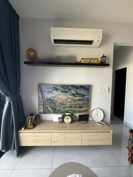 Living features: wall-mounted split AC, light grey painted walls, floating wooden shelf, framed artwork, decorative clock, decorative items on shelf, grey curtains, ceramic floor tiles, wooden console table, wall-mounted light switch; style: modern.
