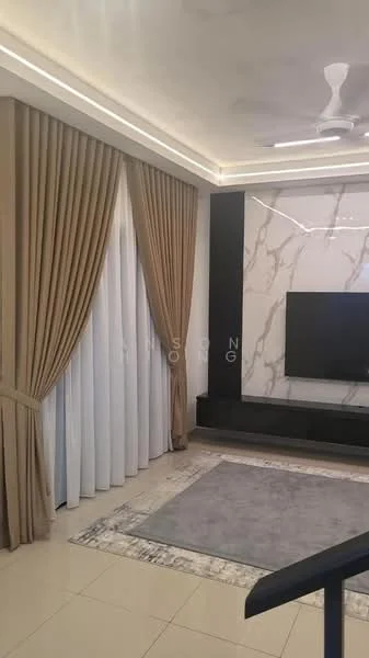 Living features: cream painted walls, marble accent wall, floor-to-ceiling windows, sheer curtains, heavy drapes in beige, recessed LED downlights, ceiling fan, TV console, wall-mounted TV, area rug with geometric pattern, tile flooring; style: modern.
