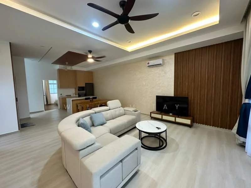 Living features: L-shape sectional sofa in light beige, round coffee table with black top, wall-mounted TV, TV console with storage, ceiling fan with light, recessed downlights, wood accent wall, light wood flooring, large windows with curtains, air conditioning unit on wall, decorative wall paneling, open layout to kitchen and dining area; style: modern.