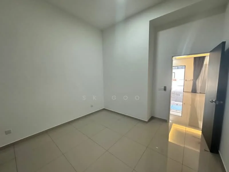 Room features: white painted walls, glossy beige tile flooring, single door, large window with sheer curtains, natural light from window, minimalist design; style: modern.